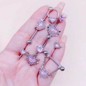 8 Piece Pink Heart Opal W/ Wings Body Jewelry Set